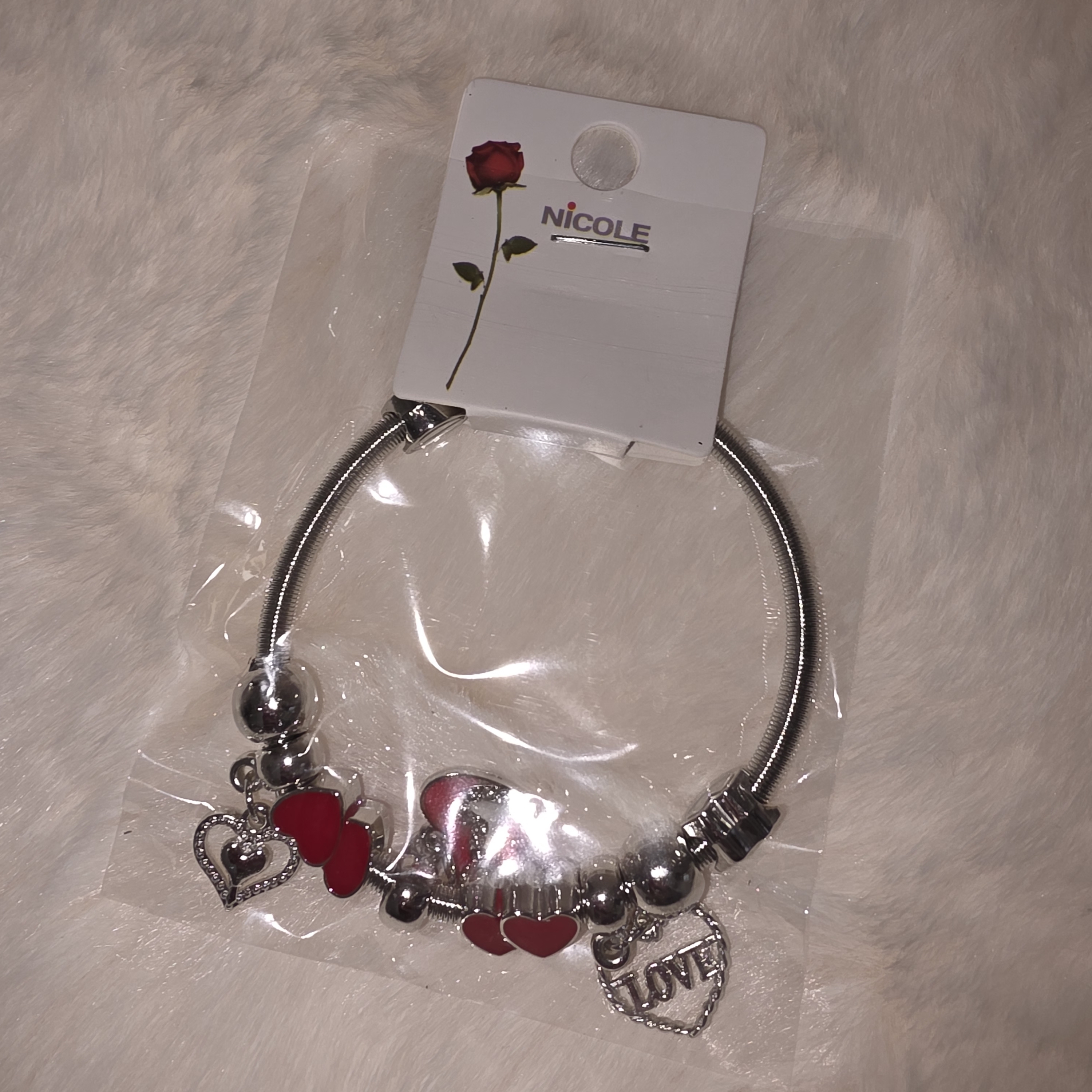 Nicole Silver Bracelet With Red Heart Charms